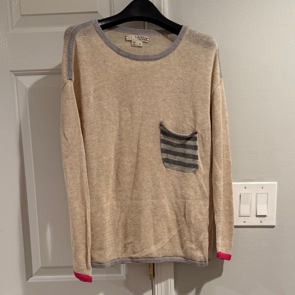 Label and Thread Thin Summer Boxy Tan Sweater with Striped Pocket. Size XS.